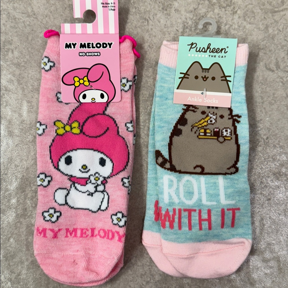 My Melody Pink Lettuce Hem No-Show &.Pusheen The Cat Ankle Socks 9-11 Women New